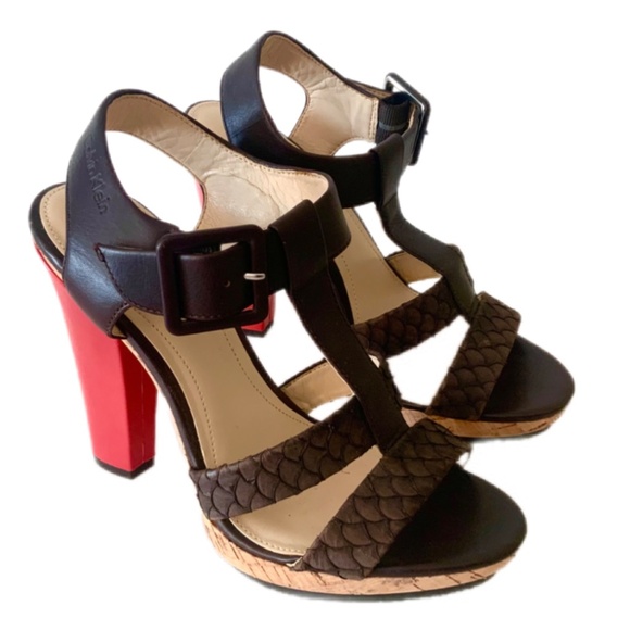 Calvin Klein Bea Platform Stiletto Heel Sandal Brow Red Leather T-Strap Pump 7.5 - Picture 2 of 16